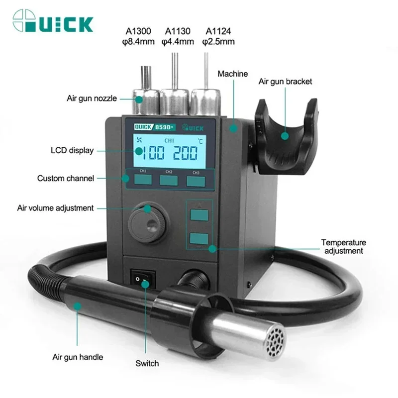 Original Quick 859D+ Smart Vortex Whirls Wind Hot Air Gun Desoldering Station,580W Max ,3 Channel,Precise Constant Temperature