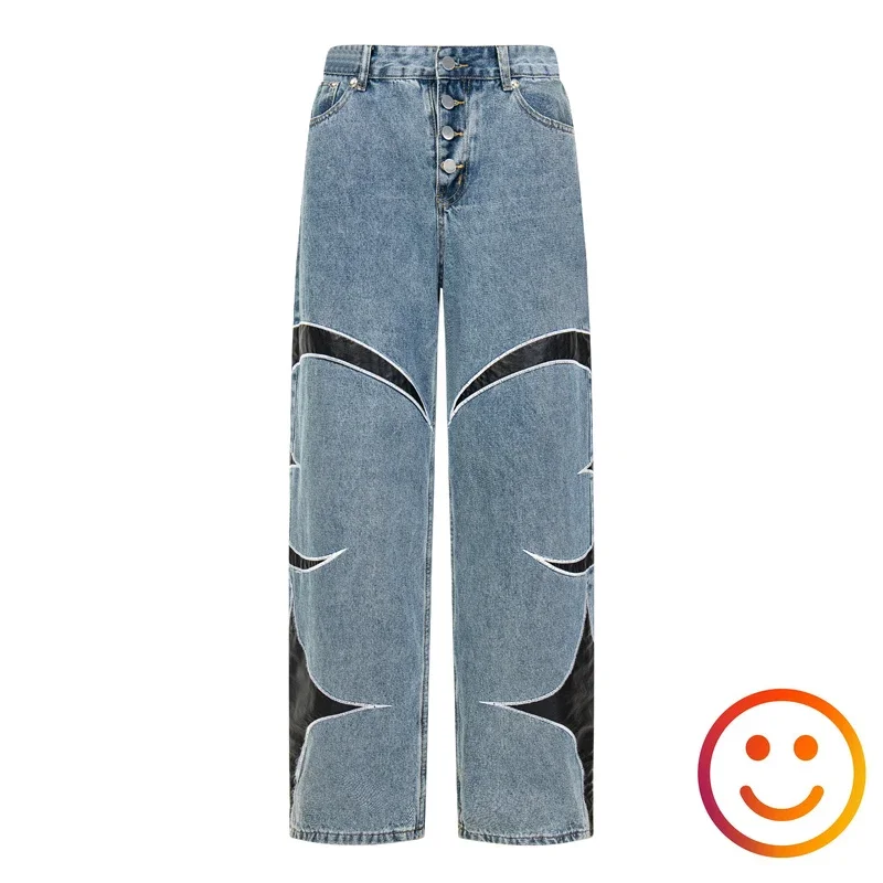 Splicing Leather Embroiery Button Thug Club Jeans Loose Straight High Street Casual Pants Men Women Unisex Denim Cowboy Trousers