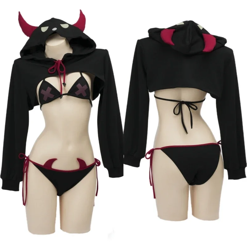 Anime Game Demon Kingdom Devil Little Elf Clothes Halloween Uniform Hooded Horn Cloak Outfits Cosplay Costume Girls Underwear