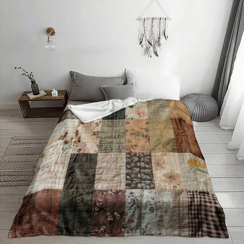 Vintage Floral Patchwork, Home Decor Gift, Quilted Blanket, Earthy Tones And Botanical Prints, Multi-Purpose Living Room Use, So
