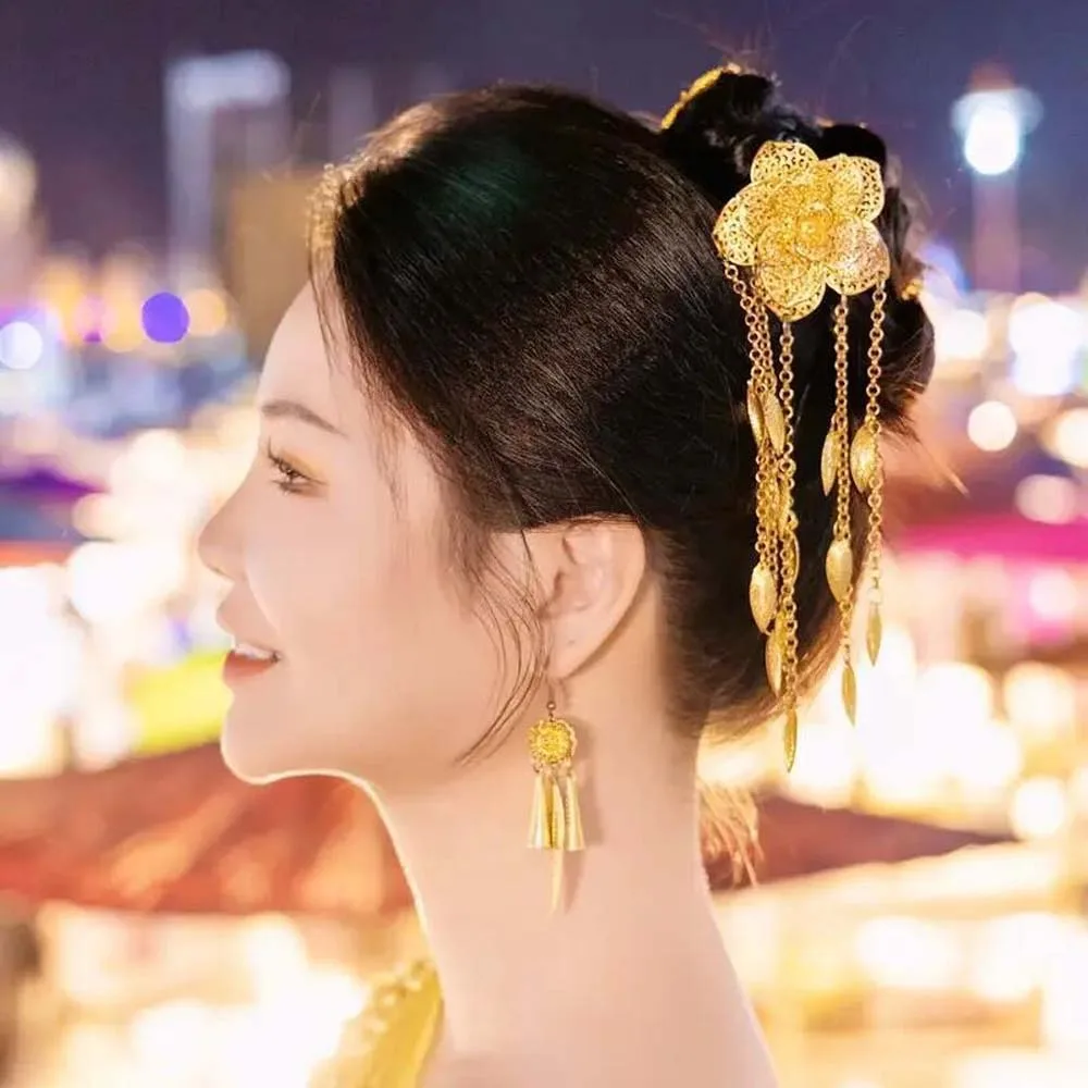 

Ancient Thai Metal Flower Hair Fork Ethnic Style Leaves Golden Tassels Hair Fork Waterproof Headwear Silver Rose Hair Sticks