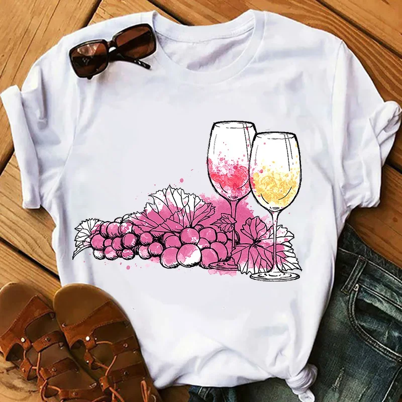 Wine Glass Wine Glass Print Short Sleeve T Shirt Women Vintage Tops Harajuku  Graphic T-shirts Aesthetic Clothes Tee