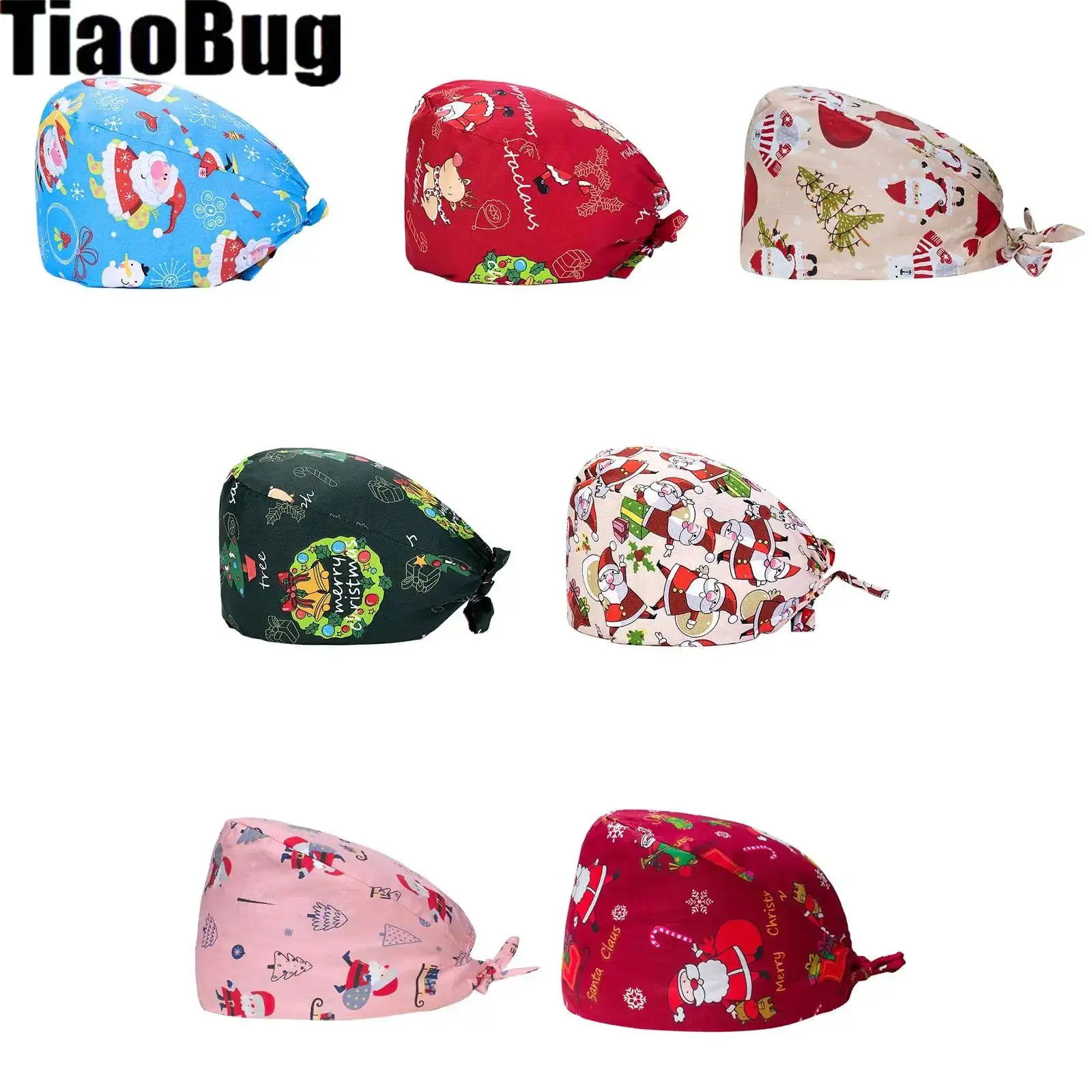 Christmas Element Patterns Print Hats Surgical Cap Nurse Hats with Sweatband Adjustable Tie Back Breathable Hat for Women Men