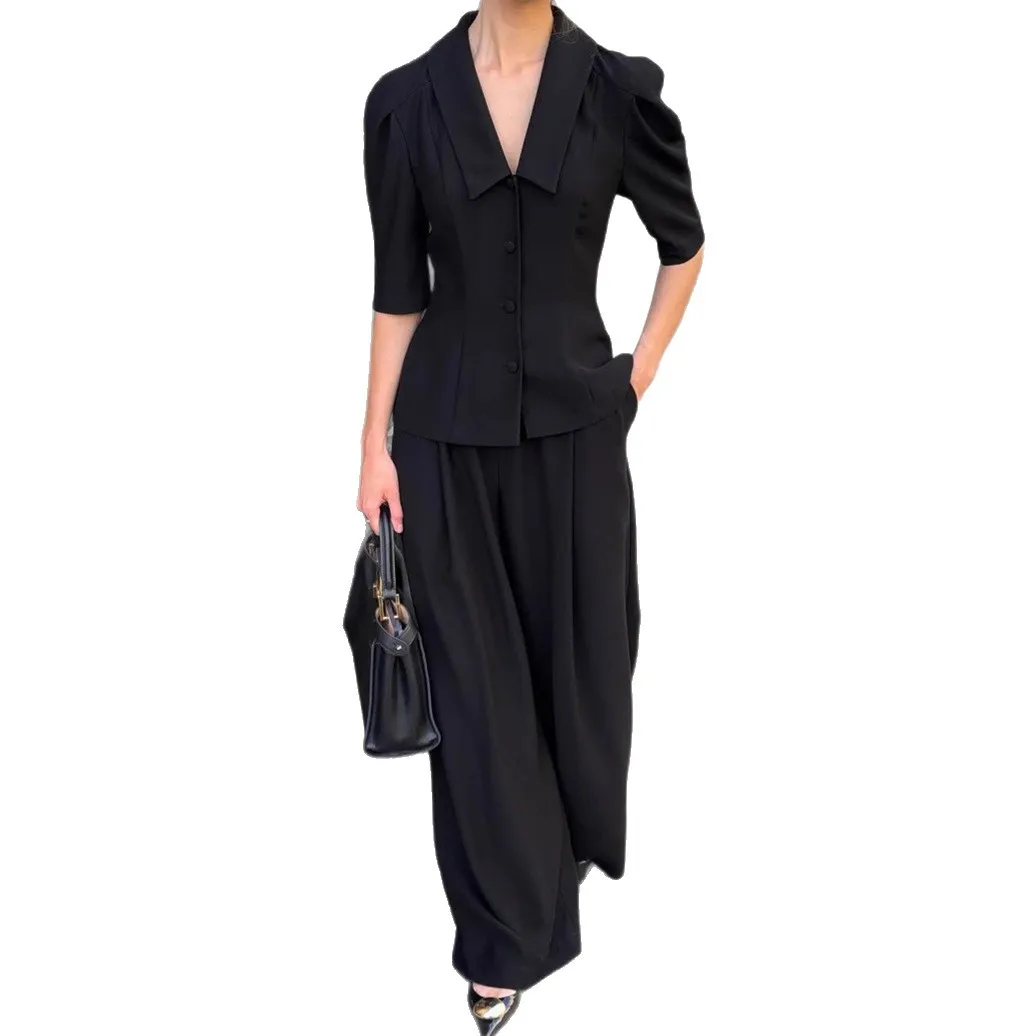 2025 جديد الخامس الرقبة خمس نقاط كم الخصر الدوس أعلى بنطال ذو قصة أرجل واسعة قطعتين مجموعة عارضة أزياء تنوعا الأسود #5