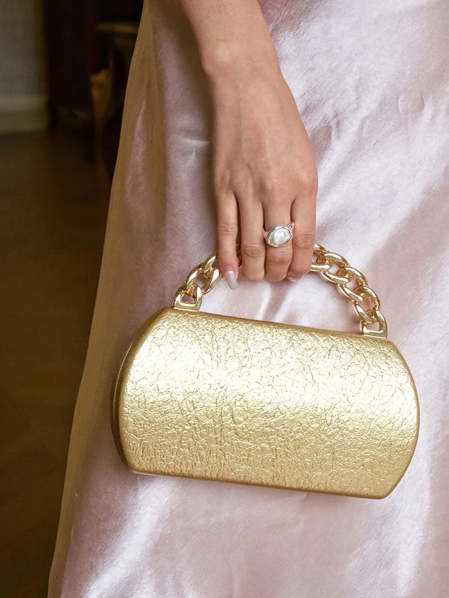Ugals Retro Heavyweight Gold Chain Box Small Square Dinner Silk Satin Handheld Crossbody Bag Women's Fashion Luxury Purse