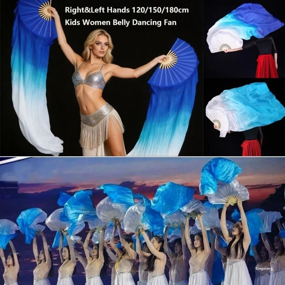 120/150/180cm Kid Women Belly Dancing Fan Right&Left Hands Light Blue/Blue Practice Long Imitation Silk Fans Tricolor Gradient