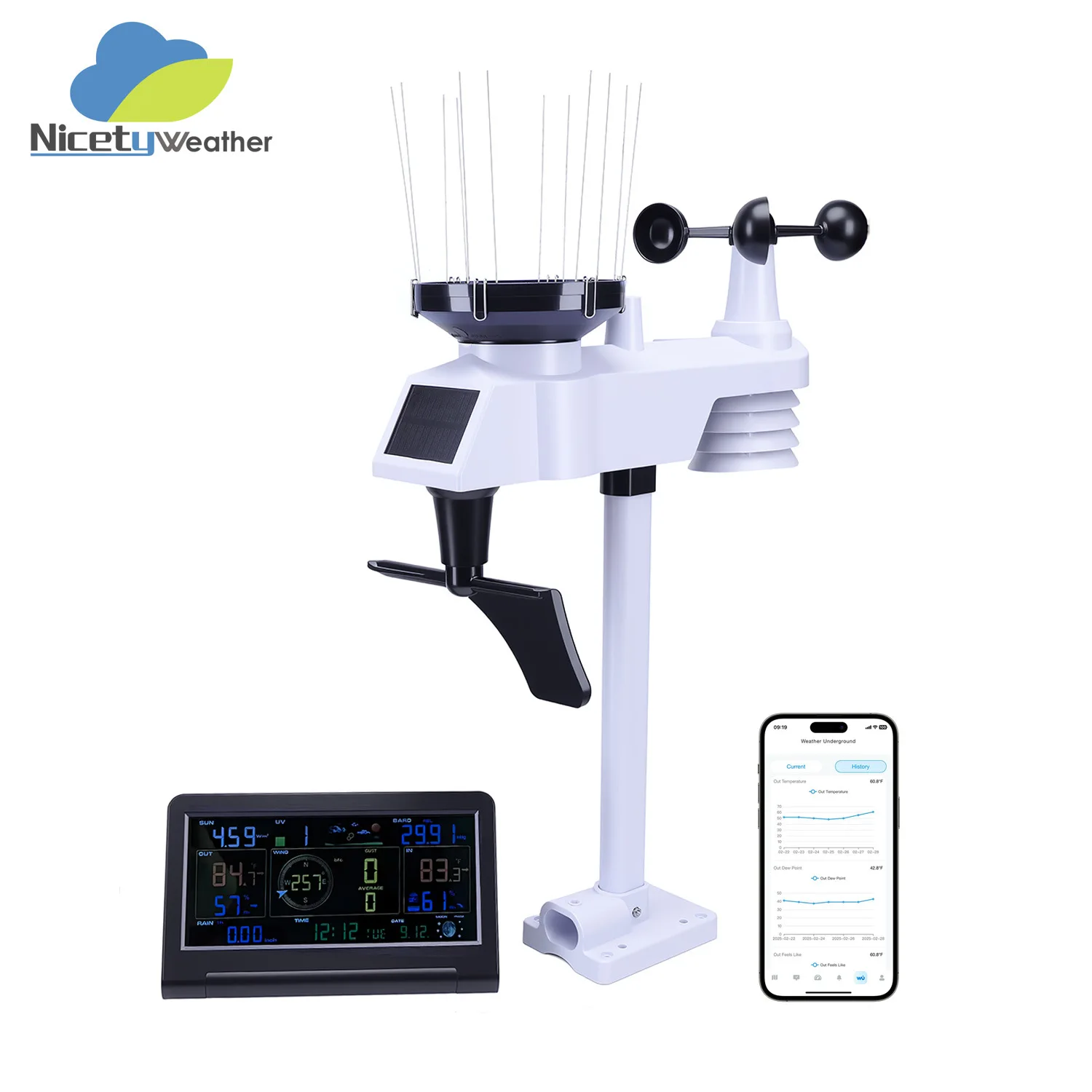 

Беспроводная метеостанция, многофункциональная (7-в-1) с Wi-Fi, анемометром, дождемером, датчиком температуры и влажности, измерителем освещенности.