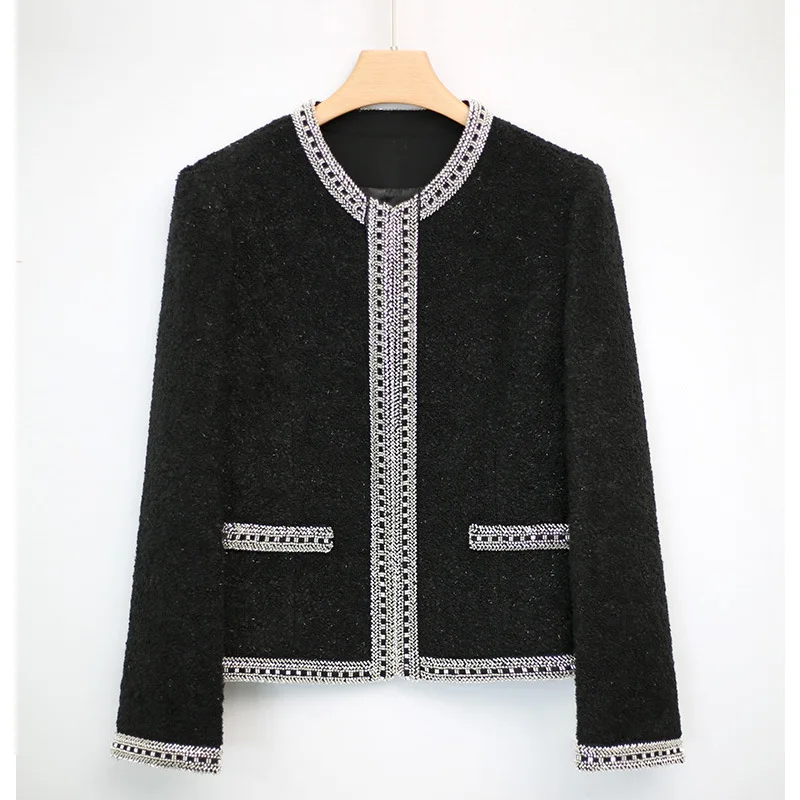 

Black tweed top for autumn/winter women's casual top for women's fashion, classic jacket for socialites, thickened