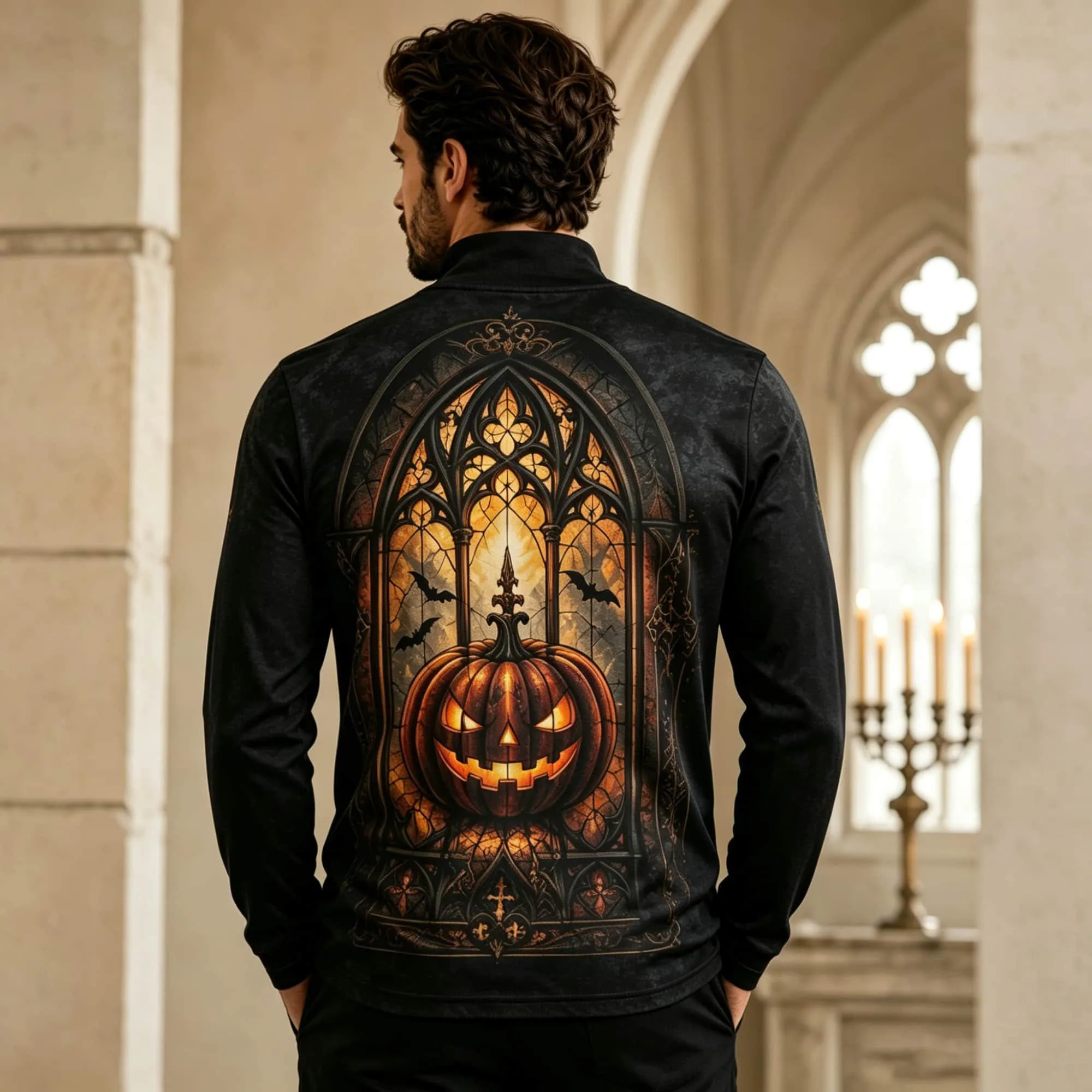 Gothic Stained Glass Pumpkin Bat Print Mock Neck Long Sleeve T Shirt Men Black Halloween Casual Tee