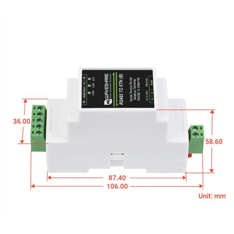 Waveshare RS485 Serial Port Server RS485 To RJ45 Ethernet TCP/IP To Serial Port Module Rail Type Serial Port Server