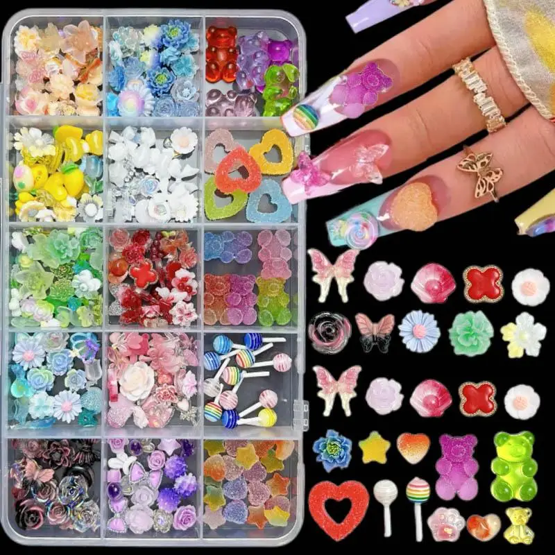 1Box Cute Frosted Gummie Bear Heart Star Nail Art Decoration Colorful Mixed Flower Series Nail Charms Accessories DIY Manicure