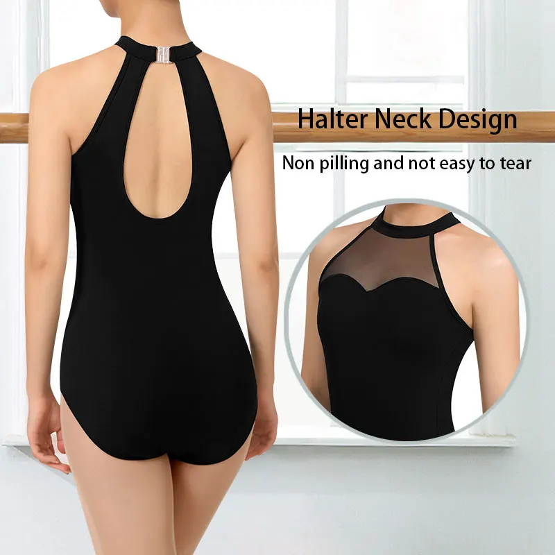 Women's Black Ballet Dance Leotard Sleeveless Halter Neck Durable Mesh Splicing,Water-drop Back And Clasp Closure