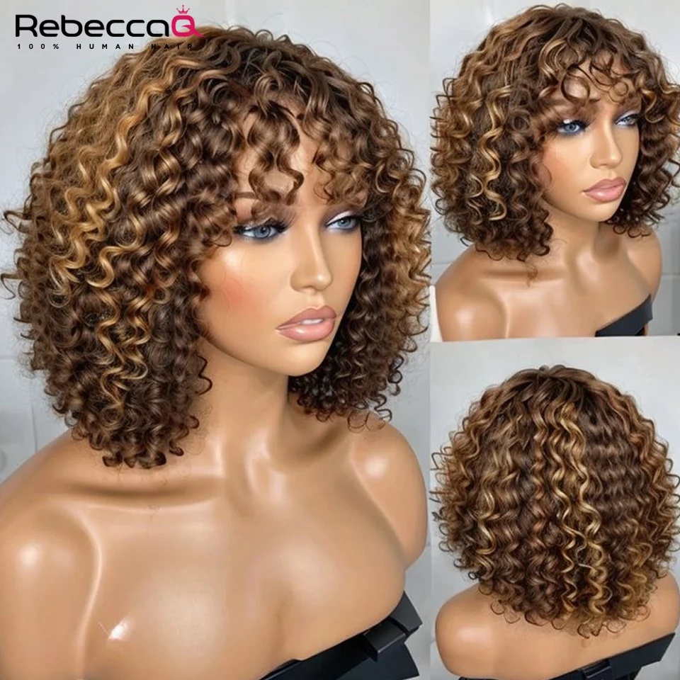 Curto Curly Bob Perucas de Cabelo Humano com Franja para Mulheres, Full Machine Made, Mel Loiro Colorido, Barato, Remy Hair, Destaque