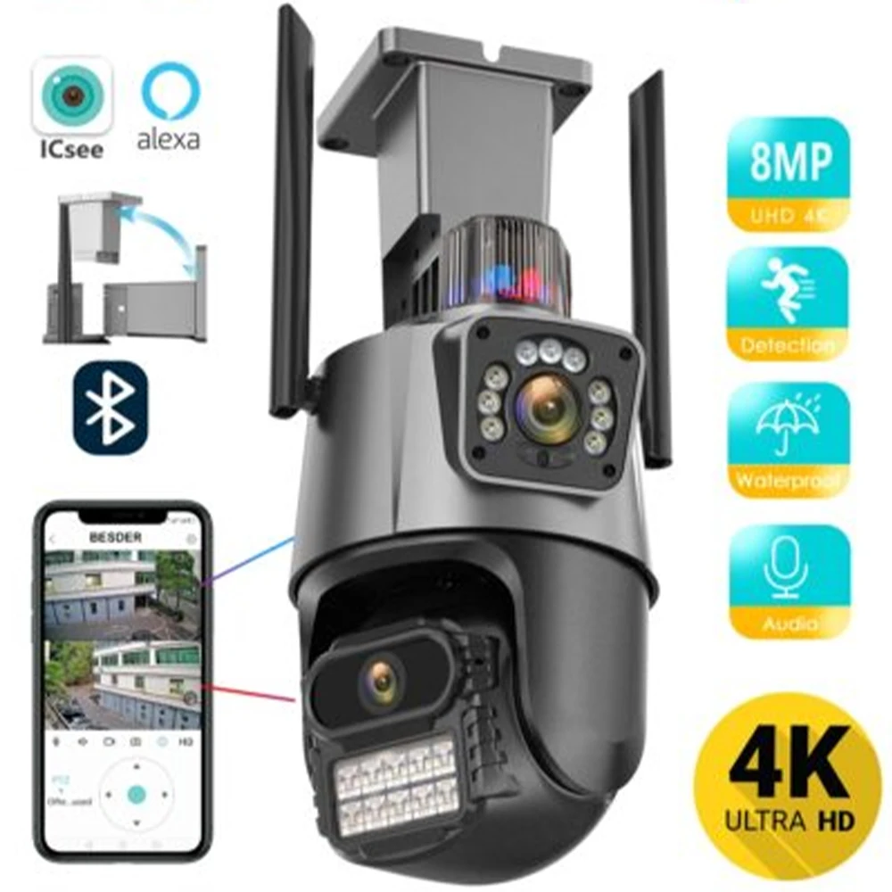 Câmera de Segurança Externa com Dupla Lente 4K 6MP, Alarme de Sirene, Vigilância Noturna, Monitoramento 24 Horas