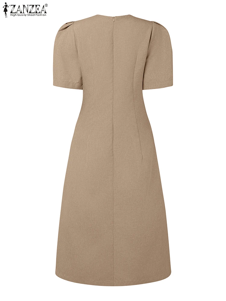 ZANZEA オフィスレディースワンピース 2025 夏 エレガントなOネック ショートパフスリーブ ベスティド おしゃれ 無地 ワーク OL サマードレス ローブファム