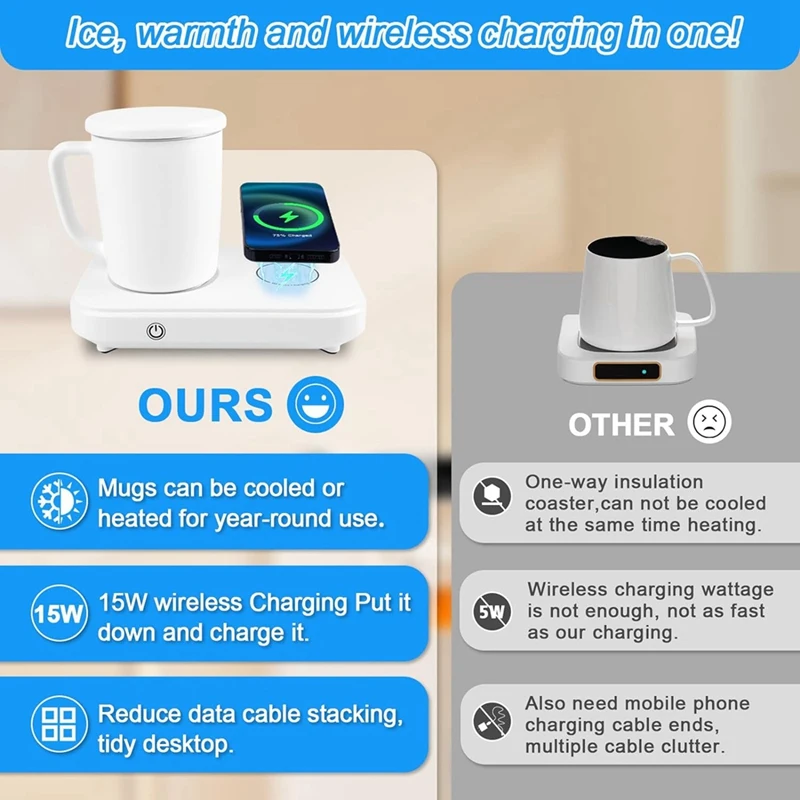 3 In1 Smart Self Heated Refrigeration Coffee Mug Wireless Charger Base Thermostatic Coaster For Office Desk/Home