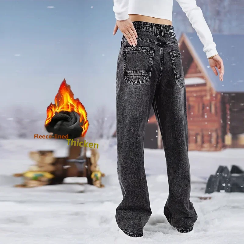 

Men's Straight Leg Fce Lined Denim Jeans ey Bla Winter New American Loose Wide Leg Long Pants Snowflake Pattern Jeans