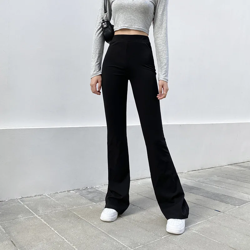 Pantalon évasé taille haute à jambes larges pour femme, streetwear décontracté, noir, hipster, été