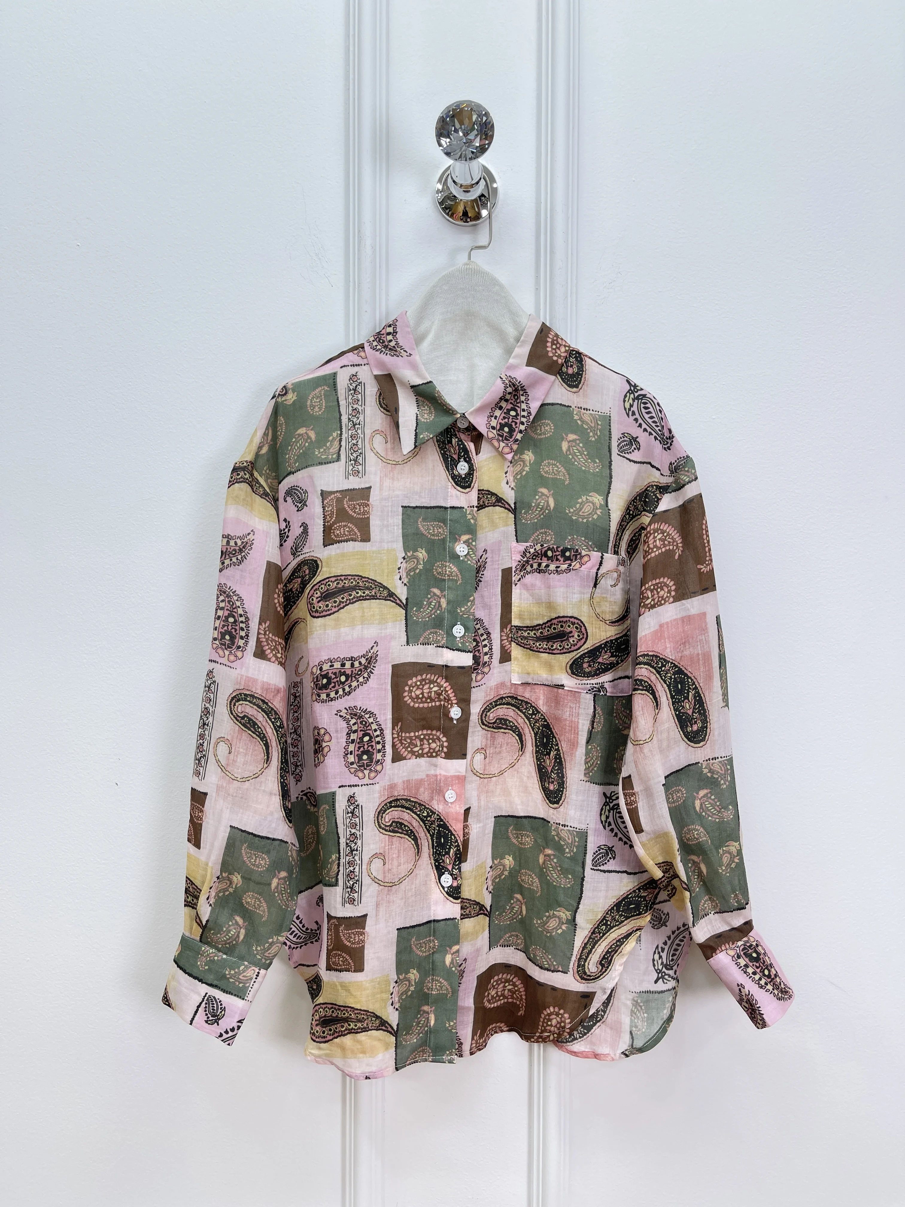 

2025 Spring New Fashion Colorblock Printed Crochet Lapel Ramie Shirt Women