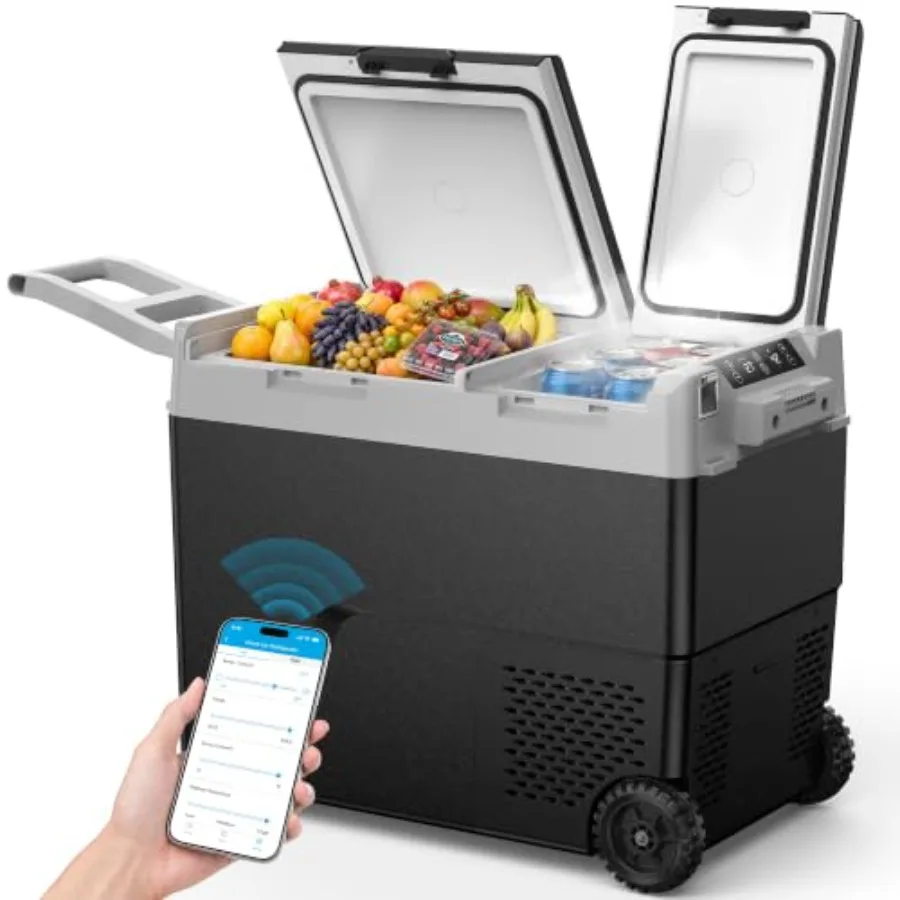 Portable 12V Dual Zone Refrigerator Freezer For Camping And Travel, Black ABS Plastic With Rapid Cooling And Energy Efficiency