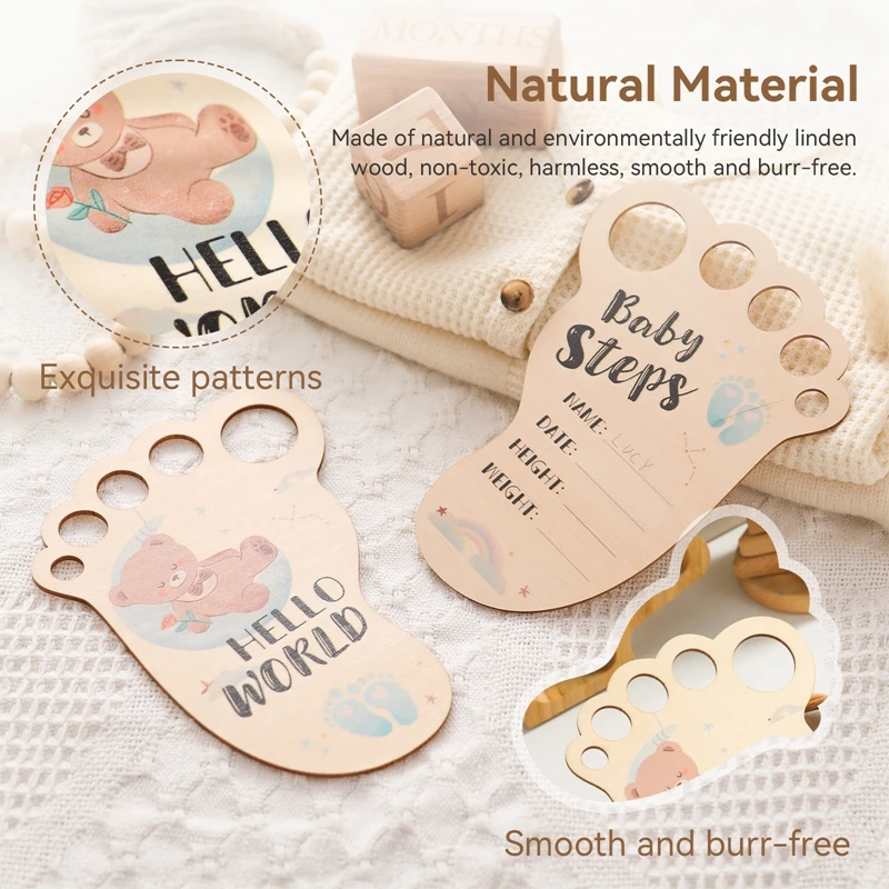 2Pcs Wooden Baby Monthly Memories Milestone Cards Foot Shaped Photography Prop Milestone Card Baby Growth Announcement Cards