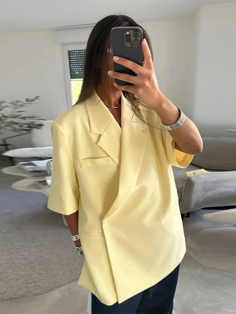 

Casual One Button Slit Suit Women Loose Solid Lapel Short Sleeve Pockets Jackets Summer Lady All-match Commute Outwear New