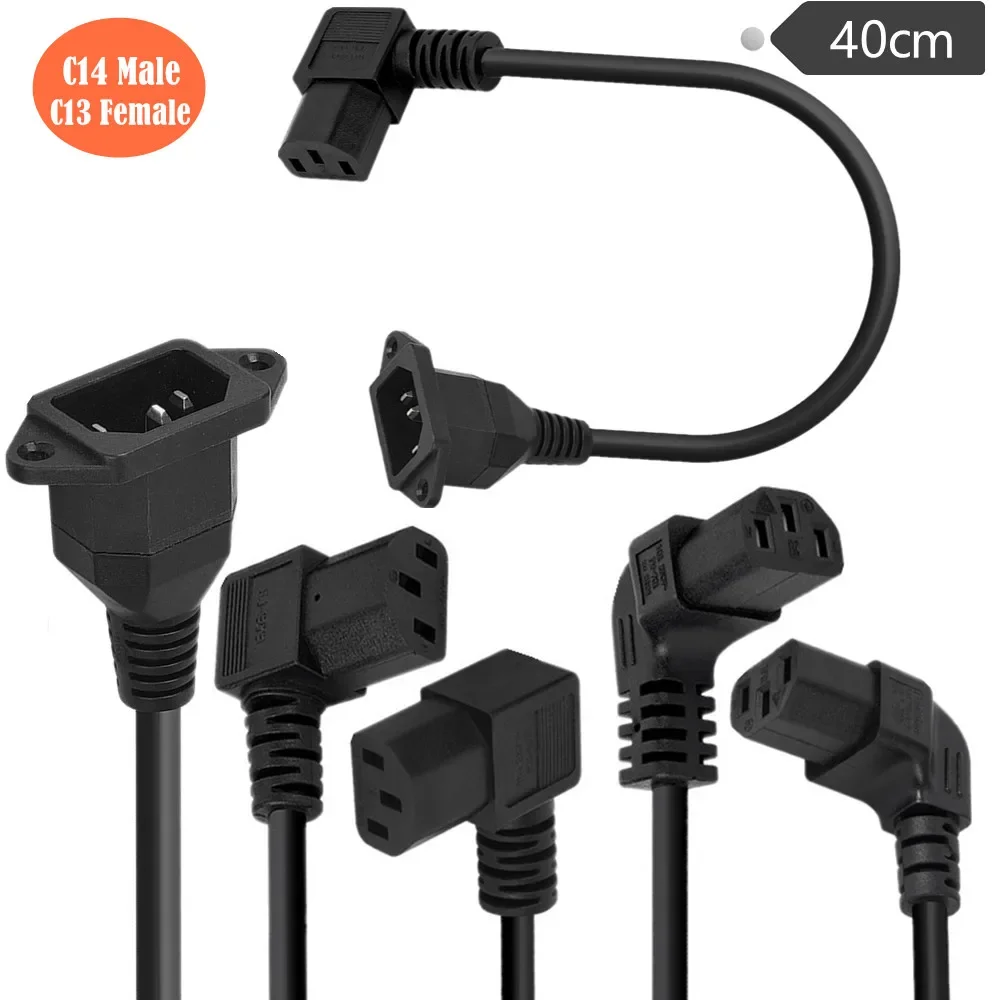 90 Degree C13 3 Pin Female to C14 3 Pin Male PDU Power Supply Extension Cord for Computer LED HDTV Monitor and Scanner 0.4m