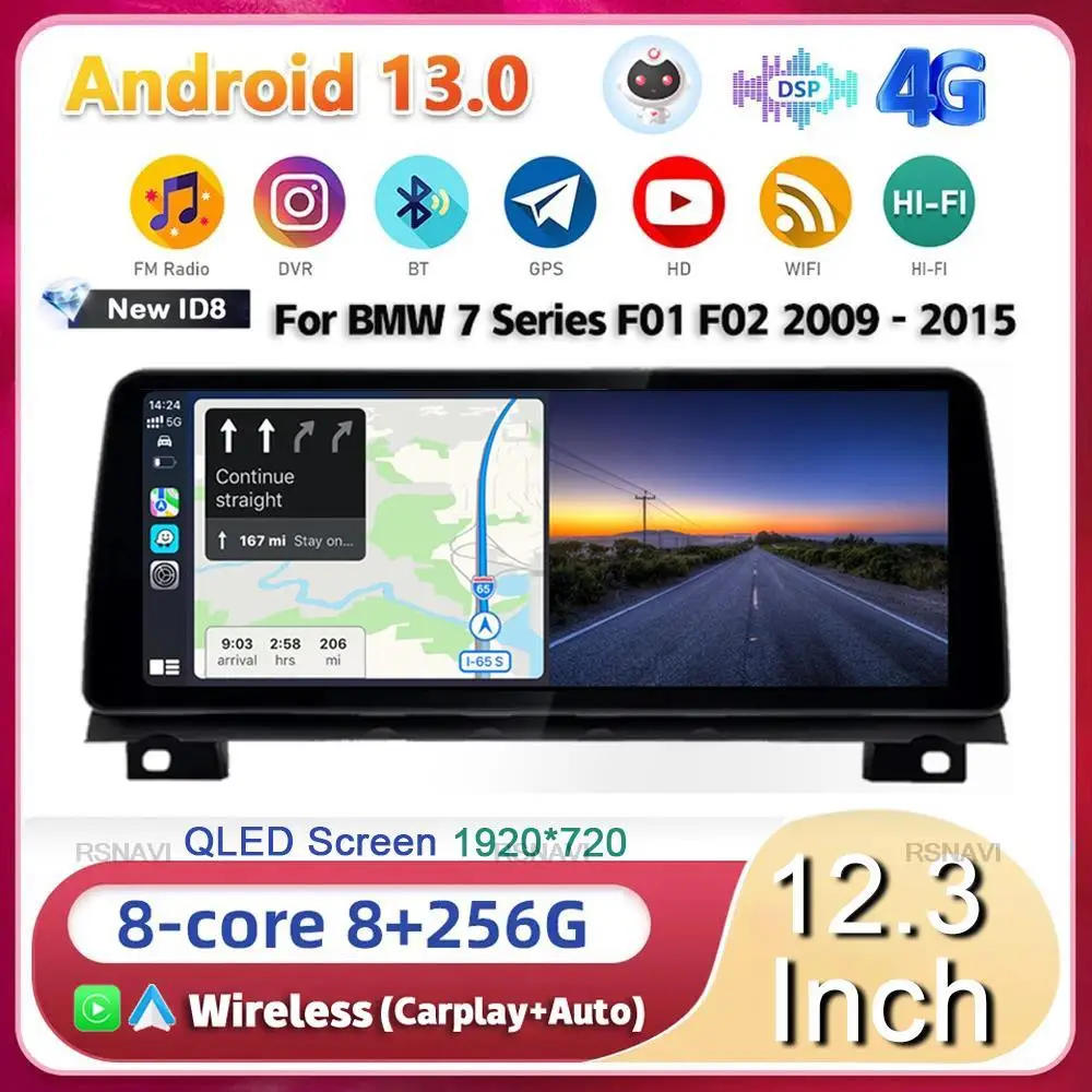 

12,3 "Android 13 для BMW серий 7 F01 F02 CIC NBT мультимедийный плеер WIFI + 4G LTE беспроводной Carplay Авто Стерео 360 камера DSP ID8