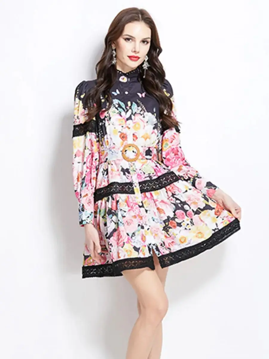 

Summer Holiday Lace Trim Short Dress Women Clothing Vintage Long Lantern Sleeve Flower Print Single Breasted Belt Mini Dress