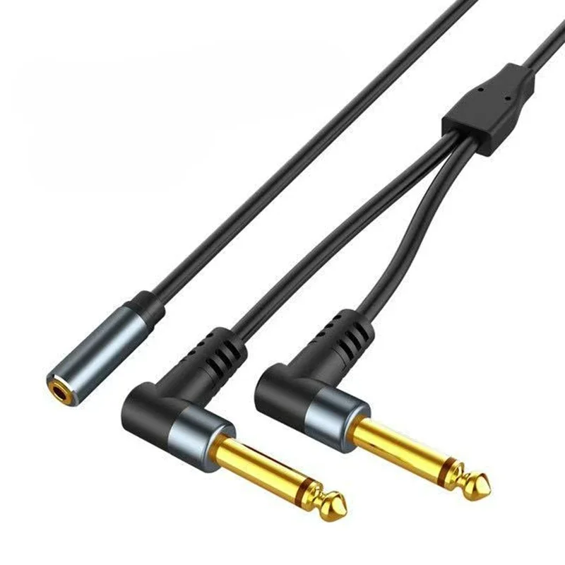 Stereo 3.5mm 1/8 TRS Female Jack To Dual 1/4 TS Male Mono 6.35mm Right Angle Plug Y Splitter Audio Cable for PC Speaker Mixer