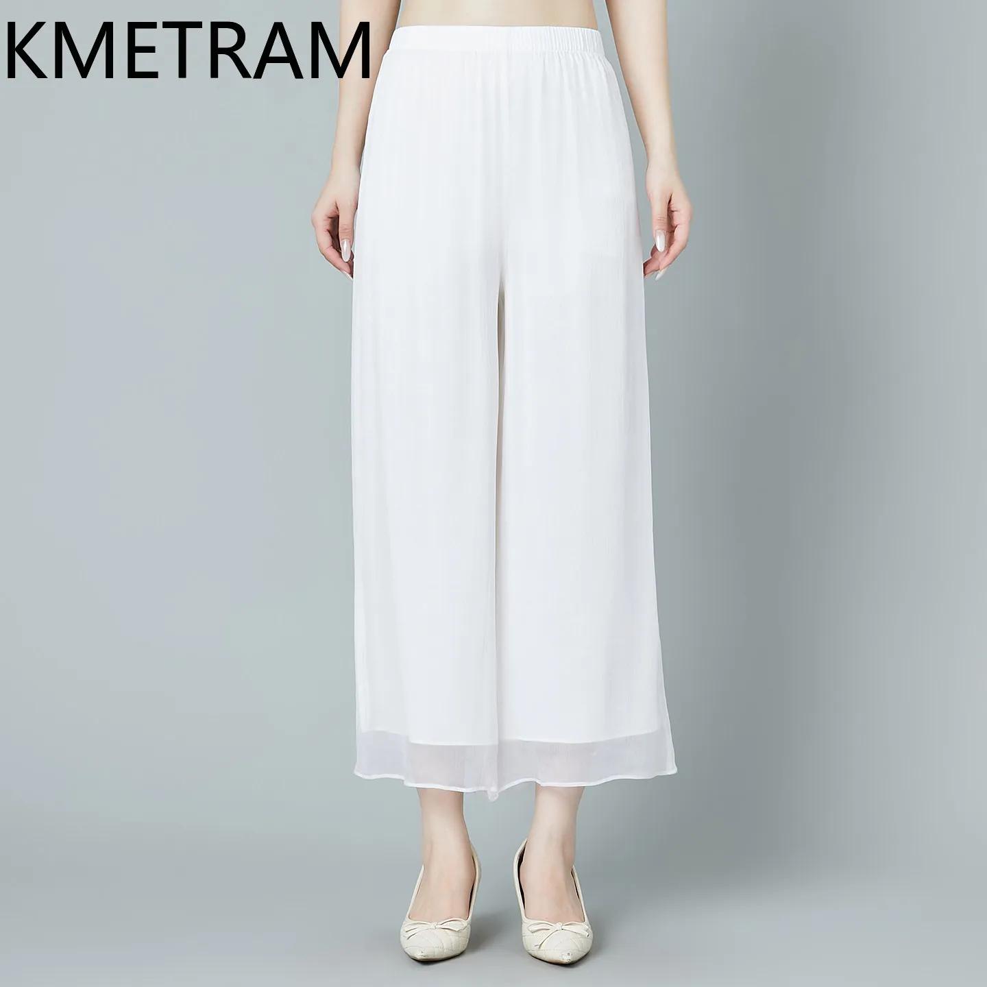 KMETRAM 100% Real Silk Trousers Women 2026 Summer Double-layer Casual Plus Size Wide-leg Pants Women Clothing Pantalones Mujer