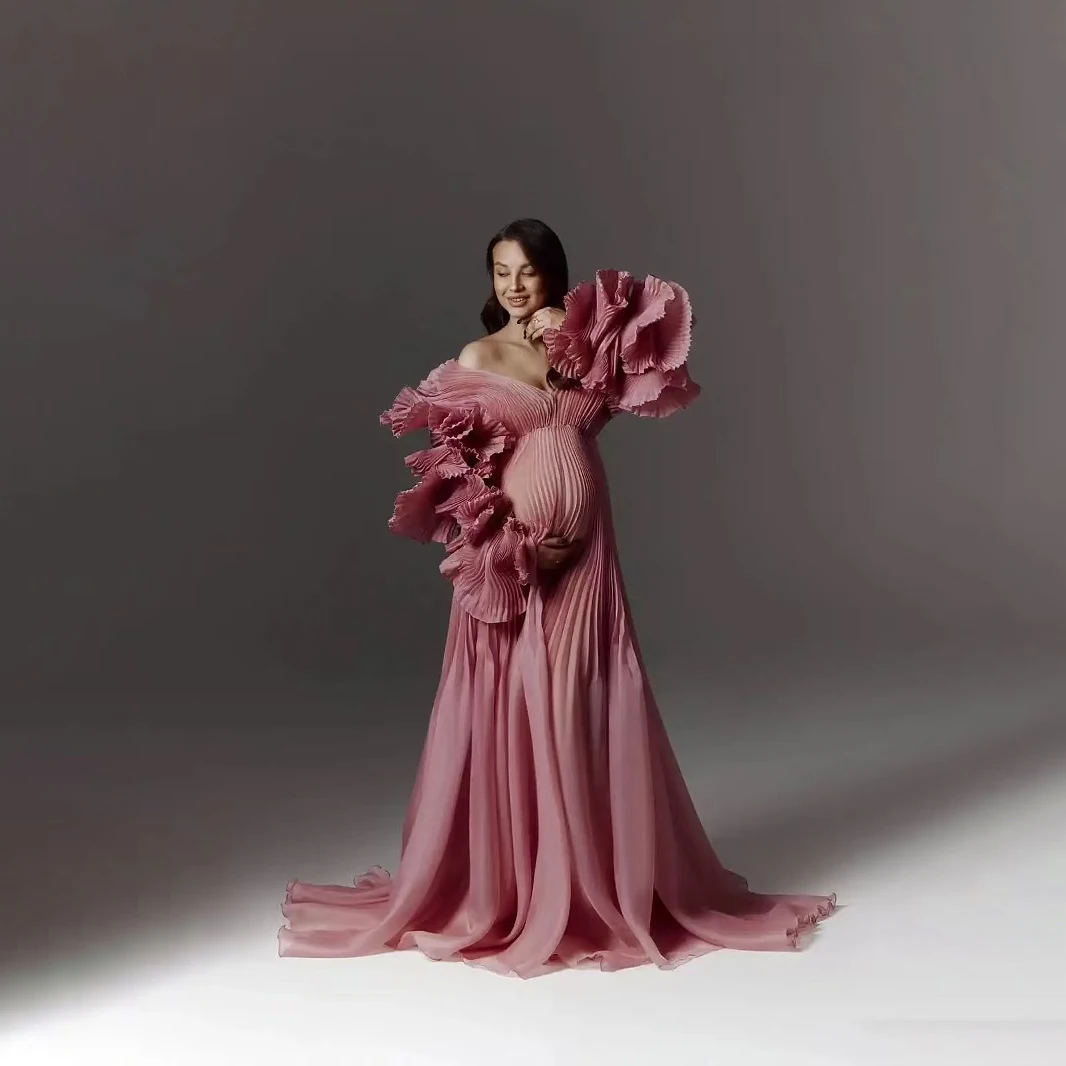 Luxury Pink Maternity Gowns for Photoshoot Elegant Pleated Maternity Dress for Baby Shower with Flare Sleeves Custom