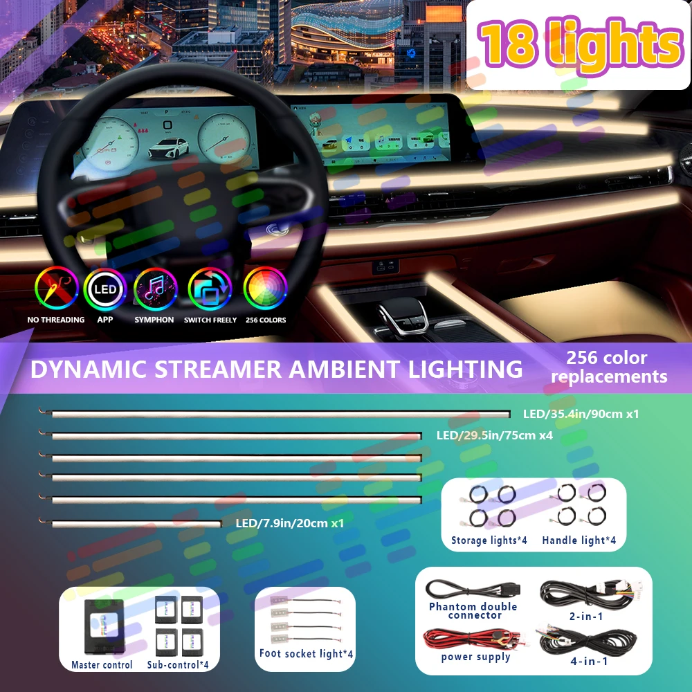 18 In1 Symphony Car LED Environment Light 256 RGB Rainbow Neon Bar Acrylic Interior Instrument Panel Atmosphere Light Music