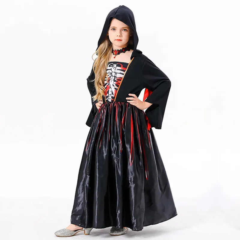 Halloween Witch for Kids Girls Vampire Costume Scary Skeleton Black Death Ghost Cosplay Carnival Party Fancy Dress kmb/25