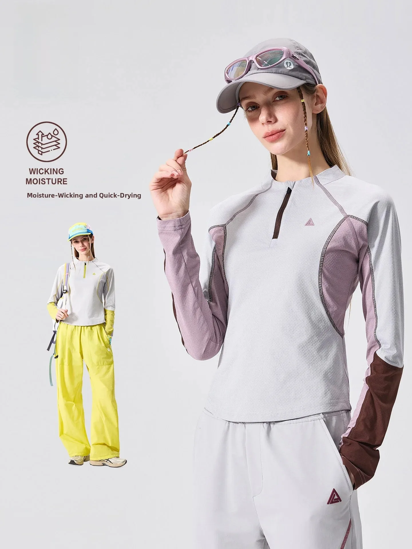 LAZY DAY Outdoor Women's Long Sleeve T-Shirt Half Zipper Quick Dry Moisture Wicking Sporty Top Color Block Hассu Line Design
