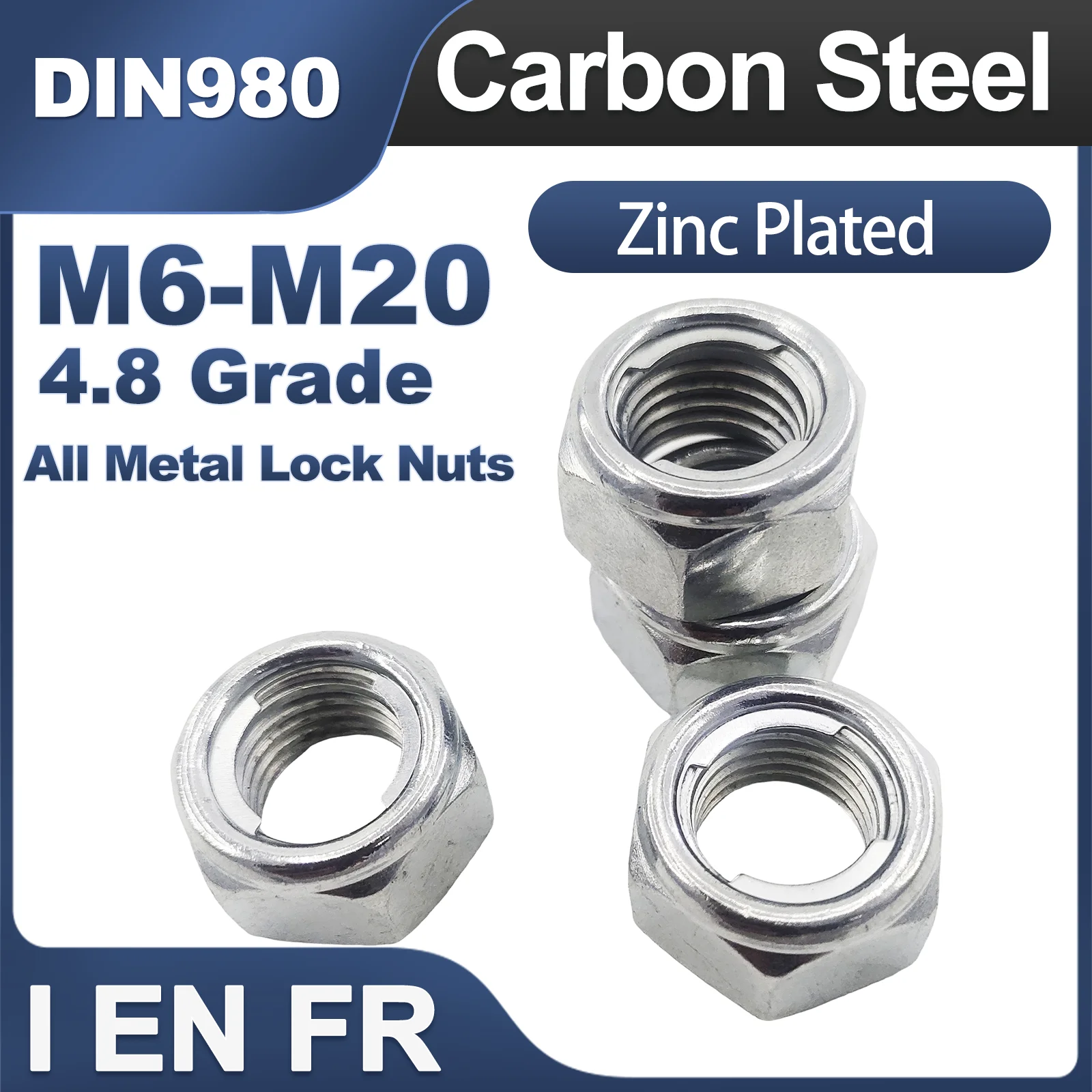 M6 M8 M10 M12 M14 M16 M20 Zinc Plated Prevailing Torque Type All Metal Insert Hexagon Lock Nut Hex Self Locking Locknut DIN980