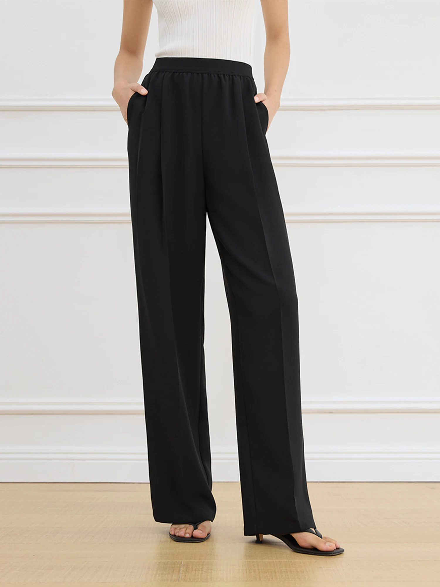 

FSLE Black Elastic Waist Straight Casual Pants For Women 2025 Spring New Design All-match Black Pants Chic Outfits 25FS11333