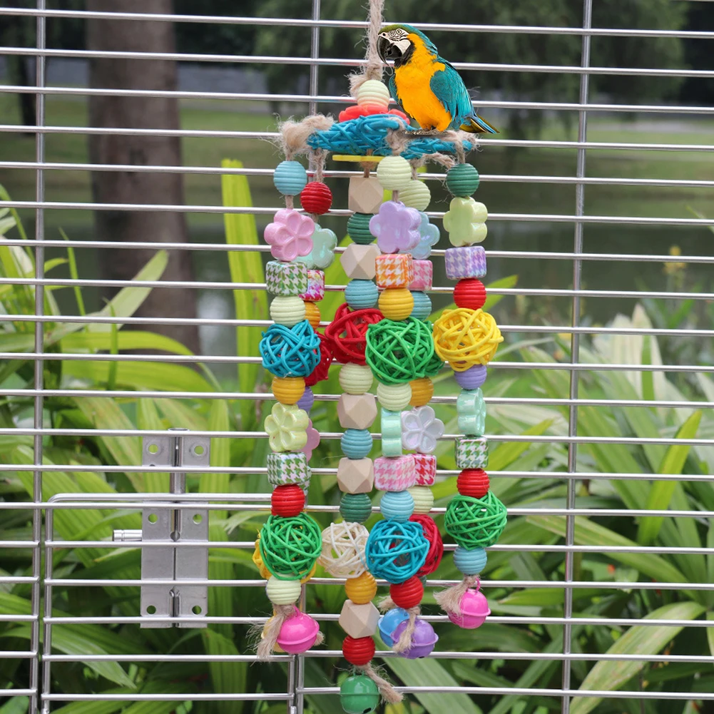 

Bird Block Knots Tearing Toy with Hooks and Adjustable Ropes Colorful Acrylic Beads Solid Wood Blocks For Macaw Cockatoos Parrot