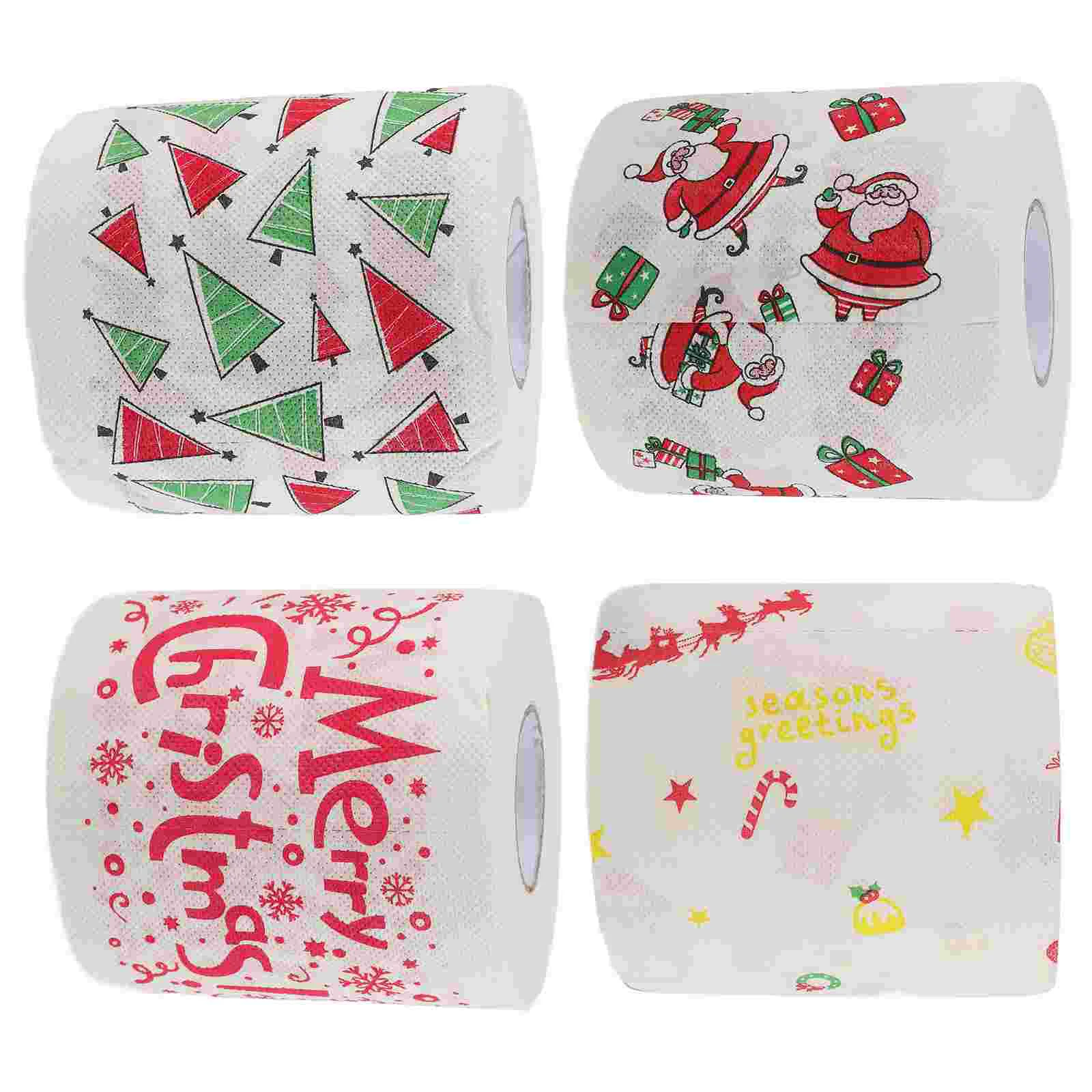 4 Rolls Christmas Toilet Paper Santa Claus Decor Napkins Pattern Printing Xmas Trees Tissue Dinner Snowflake Bathroom