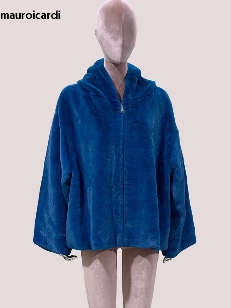 

Mauroicardi Spring Winter Chic Blue Thick Warm Fluffy Soft Faux Fur Coat Women with Hood Zipper Loose Casual Korean Fashion 2025