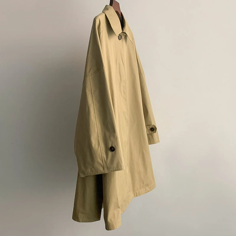 Spring and Autumn Loose Simple Silhouette Drop Shoulder Double Side Slits Wide Sleeves Cotton Blended Windbreaker Jacket