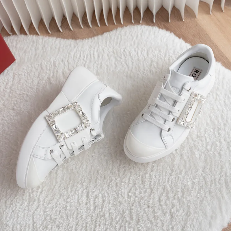 2024 new lace-up side square rhinestones with thick bottom color matching casual small white shoes sneakers