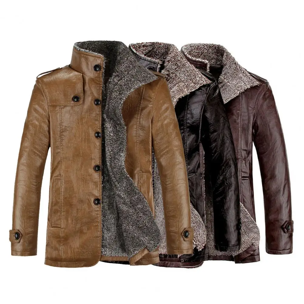 Men Jacket Coat Winter Fleece Plush Riders Jacket Faux Leather Single-breasted Jacket Wear Resistant Windproof Motorcycle Coat