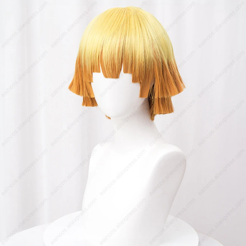 Anime Agatsuma Zenitsu Cosplay Pruik 30Cm Gele Gradiënt Pruiken Hittebestendig Synthetisch Haar