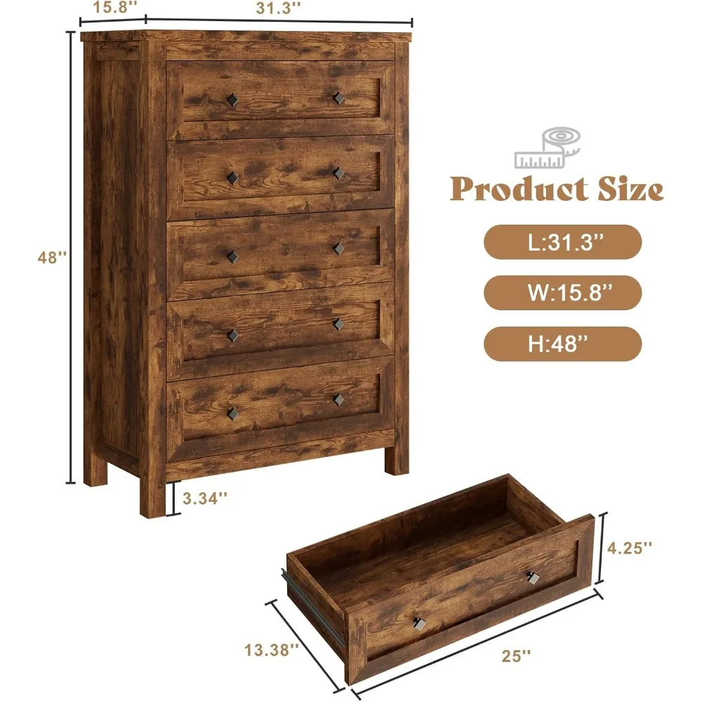 5 Drawers Dresser for Bedroom, Farmhouse Wood 47