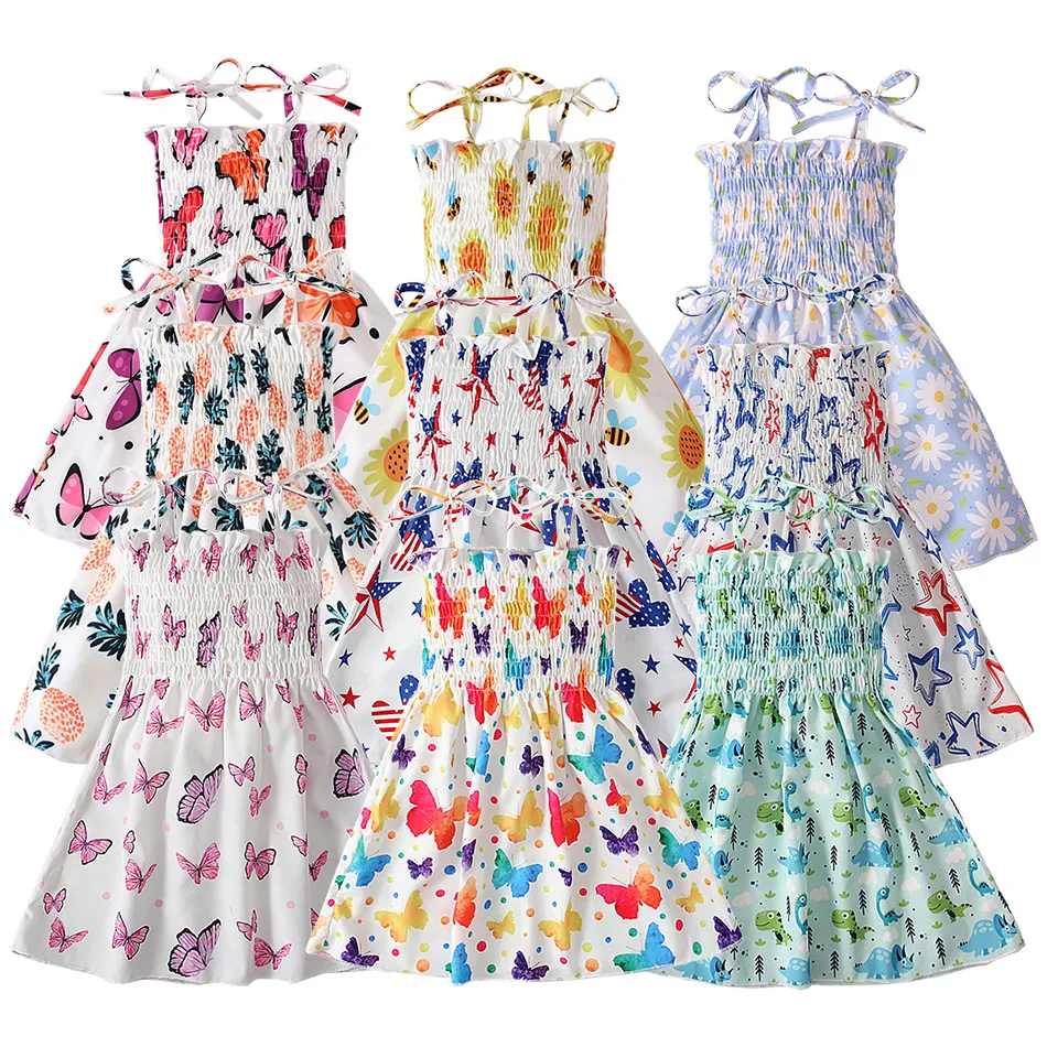 Girls Sling Casual Dresses Playful Multiple Styles Print with Dinosaurs Panda and Flower Comfortable and Adorable Summer Outfit