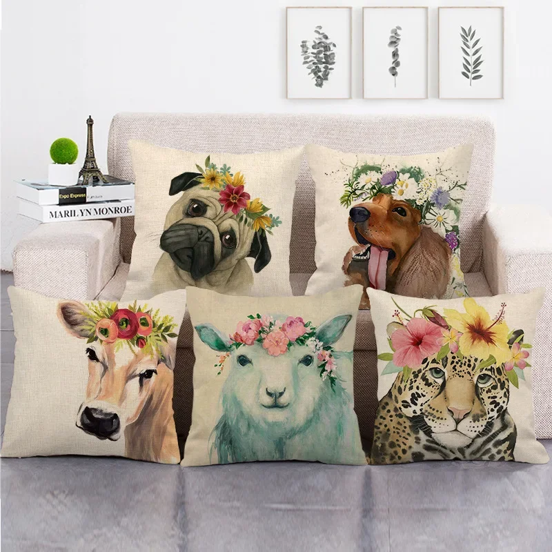 Cute Cow Dog Pillow Case Flower Sheep Leopard Linen Pillowcase Sofa Bed Boy Girl Kid Room Pillow Cover Sofa Bed Decor Home