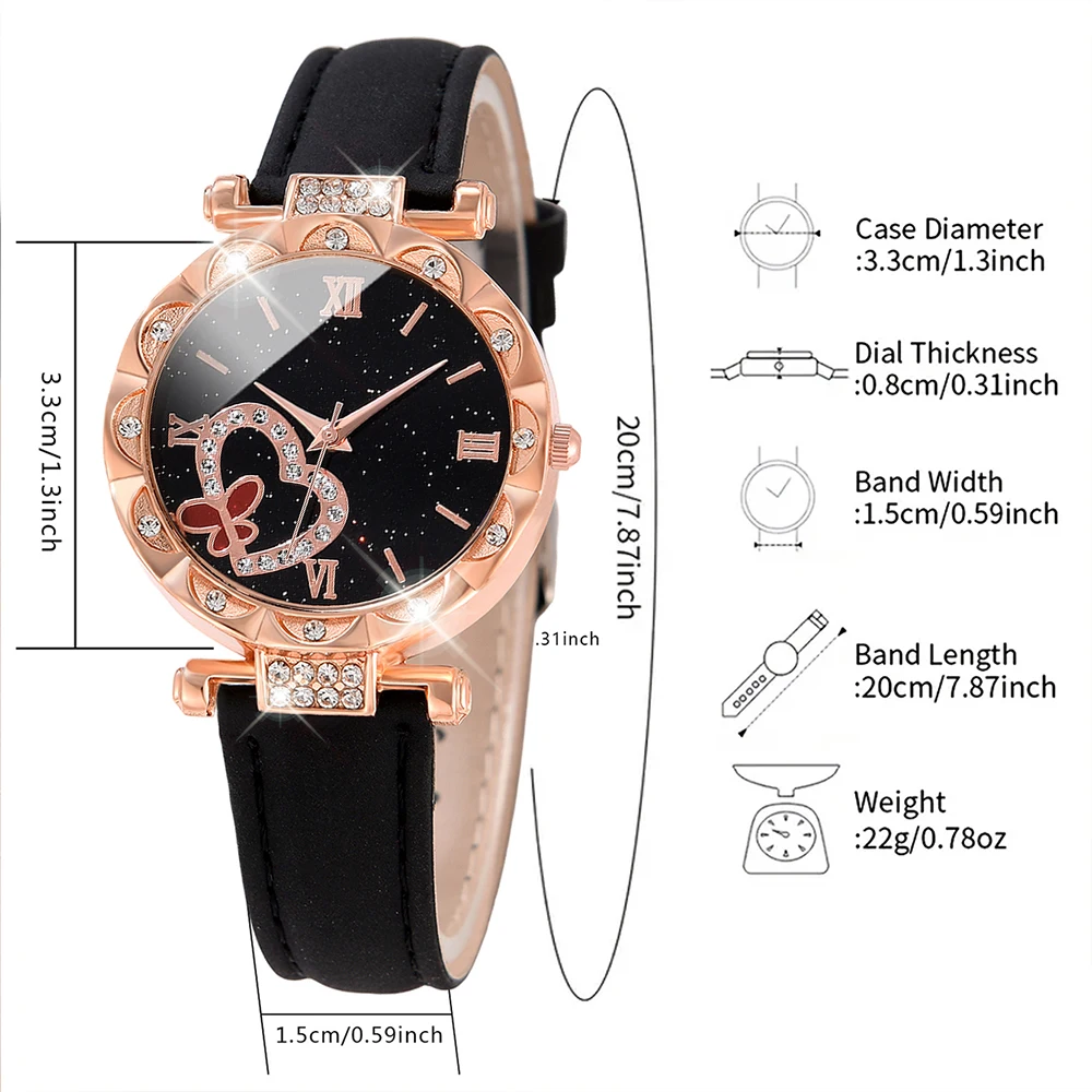 Simple Luxury Love Element Leather Black Strap Watch Casual Fashion Quartz Watch Is The Perfect Gift For Her (No Box)