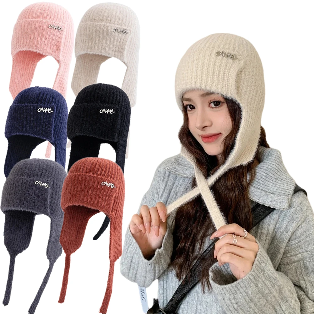 

Hot Sale Women Cute Earflap Winter Hat Fashion Faux Fur Knitted Hat Kpop Style Soft Beanie Hats Female Streetwear Outdoor Cap