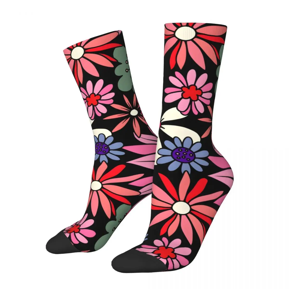 Retro 1960'S Pink, Green Floral Pattern On Black Men's compression Socks Unisex Street Style Pattern Printed Novelty Crew Sock